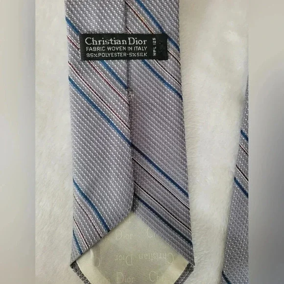 CHRISTIAN DIOR vintage men's gray blue red white striped career office necktie - Picture 3 of 6
